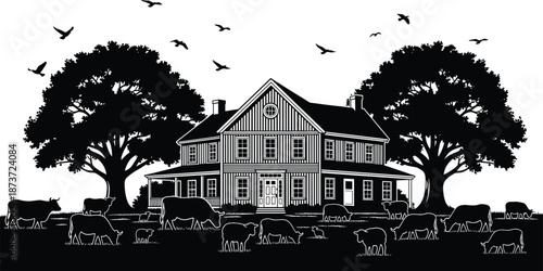 Black and White Silhouette Vector of Rural Farm Scene Featuring Farmhouse, Trees, Grazing Cows, and Flying Birds for Countryside and Nature Design Themes