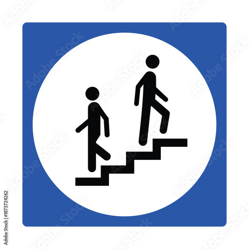 Minimalist Square Stairs Icon - Blue and White Vector Building Staircase and Pedestrian Symbol