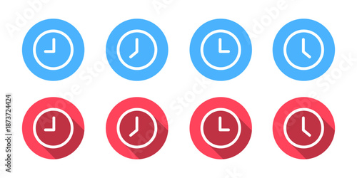 Clock icon set with long shadow. Simple time symbol for schedule and reminder design