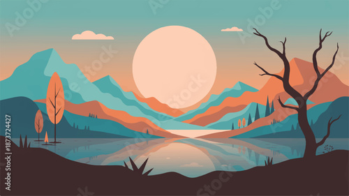 Stylized digital illustration of a serene mountain landscape at sunset, featuring a calm lake reflecting vibrant colors and tranquil natural beauty