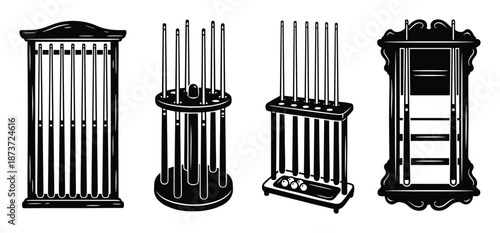 Billiard cue racks vector illustration, cue stands collection, billiard accessories.