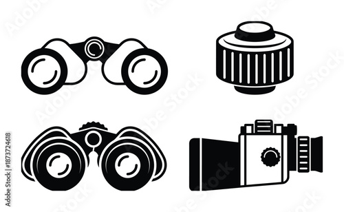 Binoculars and camera icons black silhouette, optics, and photography equipment isolated on white backdrop