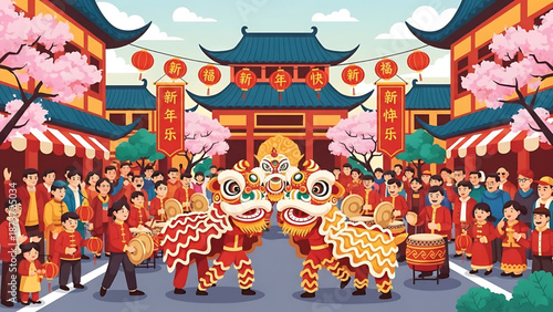 Vibrant Chinese New Year celebration with lion dance performances and festive street market
