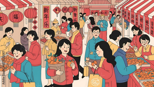 Lively Chinese New Year Market Scene Illustration with Shoppers Buying Abundant Oranges and Enjoying Festive Decorations