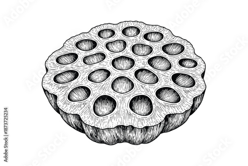 Black and white drawing of a cross-section of a lotus seed pod with detailed texture