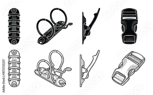 Black and white fasteners, metal binder mechanism and buckles line art illustration