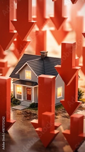 Real estate investment mortgage crisis concept house falling red arrow symbol market decline financial risk loan stress housing debt price drop market risk financial stress and housing loan challenge