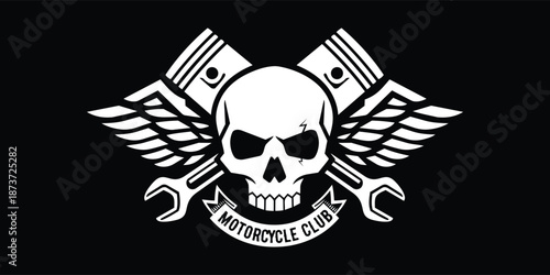 Vintage motorcycle club logo featuring a skull with engine pistons, wrenches, and eagle wings. Black and white vector illustration for biker apparel and badge design.