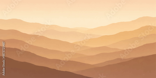 Orange sunrise and morning fog silhouette over mountains and a desert landscape