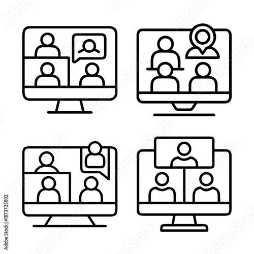 Four computer screens displaying people in a video conference meeting setting