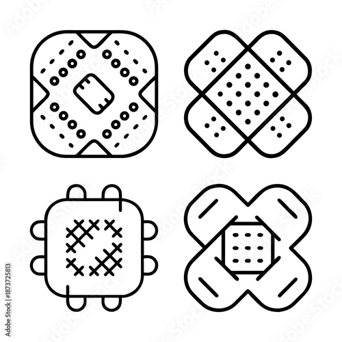 Vector graphic compilation presenting different styles of adhesive bandages for wound care