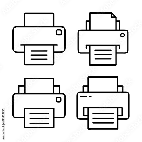 Line art illustration showing four printer icons in a simple design