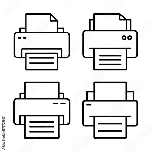Four printer icons in simple line art style on white background