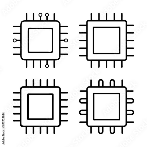 Four minimalist vector graphic representations of integrated circuit chips, isolated on white