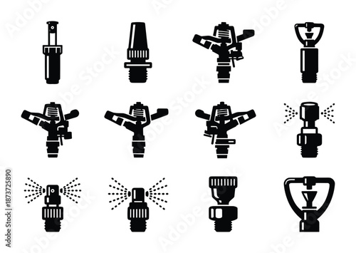 Black and white sprinkler system icons, irrigation equipment illustrations for garden, lawn or landscaping