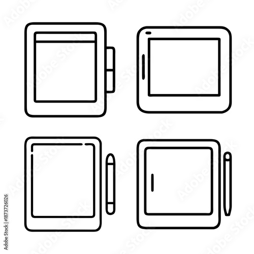 Line art illustration featuring four tablets with different accessories like a stylus