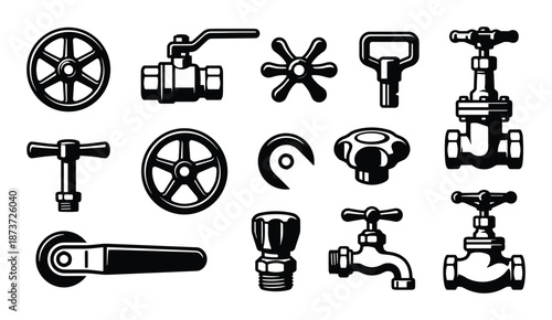 Black and white vector illustration of different plumbing taps, valves and handles set isolated