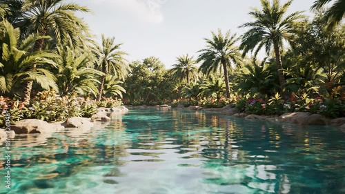 Tropical resort pool with palm trees and rocks in background sunny day