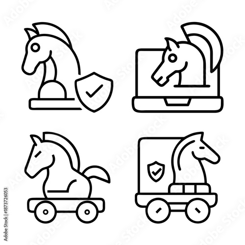 Different illustrations of trojan horses and their cybersecurity implications in outline
