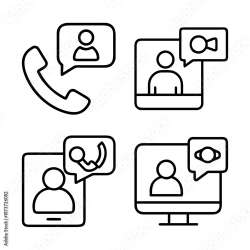 Various communication devices showcasing audio call and video conference call scenarios