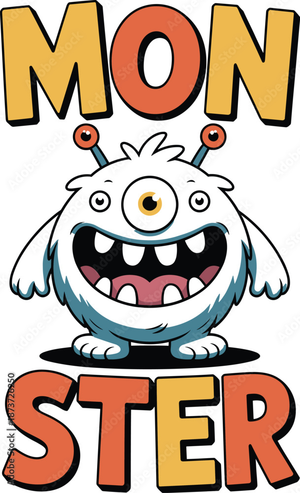 Fototapeta premium Colorful Cartoon Monster with Moon and Star Text