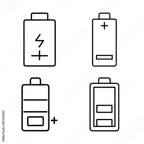 Various outlines of battery icons illustrating charge level and charging status