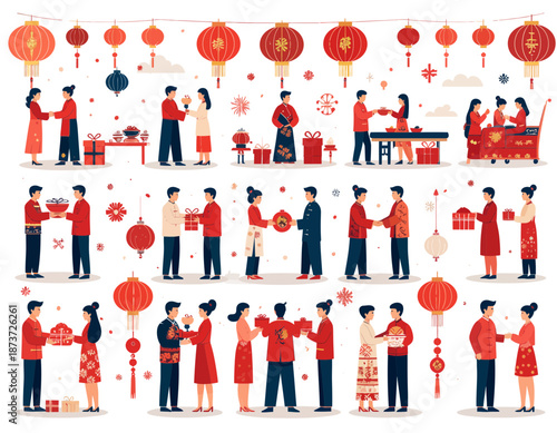 Vibrant celebration of traditional culture with people, lanterns, and gifts in a festive atmosphere