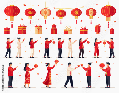 People celebrating a festive occasion with lanterns and gifts in a joyful atmosphere