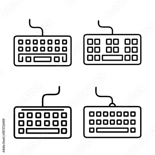 Four simple outline drawings of computer keyboards with attached cords