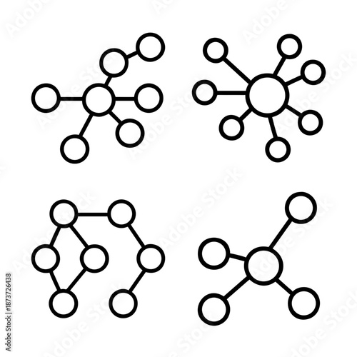 Four stylized connected nodes representing networks and relationships between individuals, or ideas