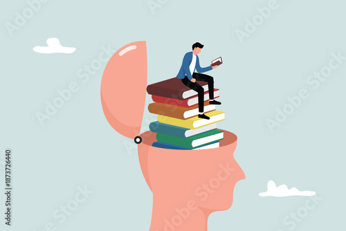 Reading books to gain knowledge, intelligence and thinking skills, research and study for personal development, a learner reads books on top of a growing pile of books from his head.