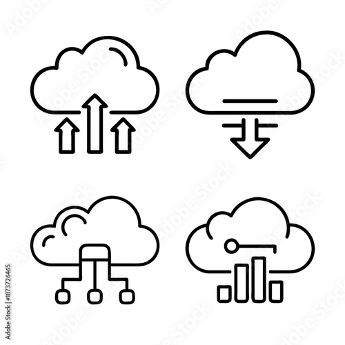 Cloud computing vector icons illustrating upload, download, processing and networking services