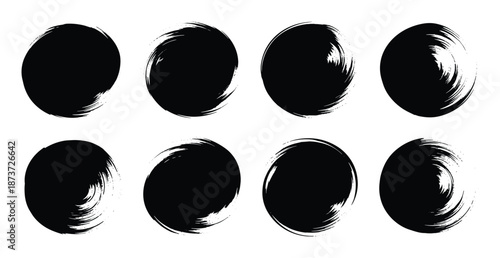 Black circular brush stroke vector set, grungy circle shapes, paint splatters, design elements for backgrounds