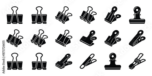 Black binder clips vector icons set isolated on white background