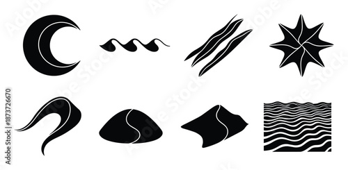 Black crescent moon, wave, beans, star and sand dune vector design elements illustration