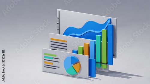 3D charts and graphs of business indicators.