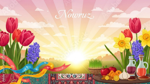 Vibrant nowruz celebration setup with flowers fruits and traditional elements on a colorful table against a sunny sky with Spring and Festive