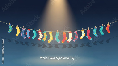 Colorful socks on a line for world down syndrome day awareness with spotlight with support and acceptance and inclusion and diversity and clothesline