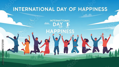 People jumping in happiness on international day of happiness with joyful colorful illustration with happy people and joyful illustration and colorful image