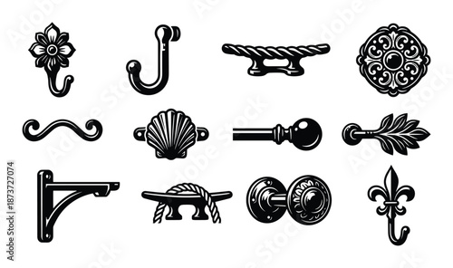 Black Ornamental Decor Collection, Hook, Bracket, Shell, and Finial Vector Designs