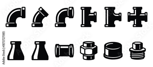 Black Plumbing Fittings and Connectors Vector Set. Different Pipe Fittings and Plumbing Parts Illustration