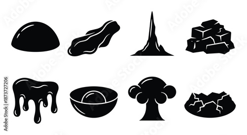 Black Silhouettes Collection of Different Shapes Blob, Coal, Rock, Volcano, Sphere, Bowl and Crack Vector Icons.