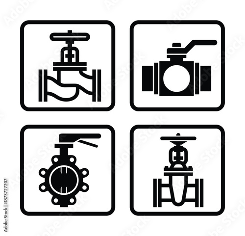 Black valve icons vector set. Illustration of different type valves in square frames