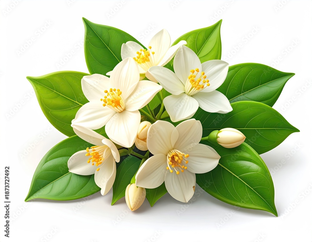 Obraz premium A cluster of white flowers with green leaves