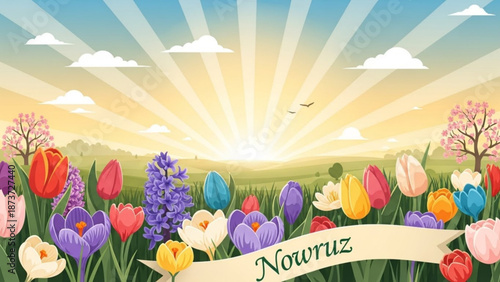 Vibrant nowruz celebration background with colorful tulips and flowers in a sunny meadow landscape with sunrise and spring and floral and nature