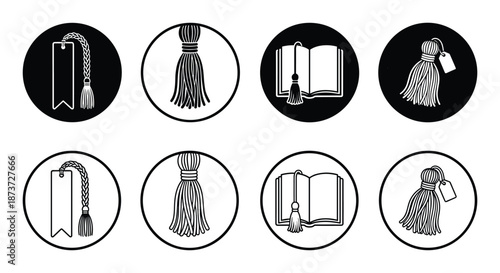 Book tassel bookmark icons set in black and white, library book open and closed, vector line art illustration