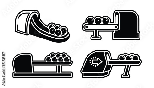 Bowling ball returns icon set. Bowling equipment symbols, automated ball delivery and return system illustrations