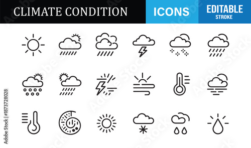 Weather forecast and climate symbols outline icon set