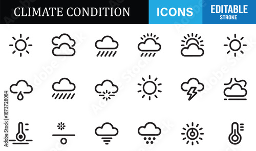 Climate condition icon set in editable outline vector style