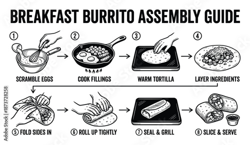 Breakfast Burrito Assembly Guide Vector Illustration, Steps from Scrambling Eggs to Slicing and Serving